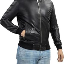 Leather Jacket For Men Rib Bomber Black-image-46