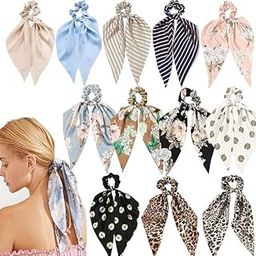 9 pcs Multicolor Solid Fabric Korean Style Hair Scrunchy/Scrunchies Detachable Bowknot Satin Bohemian Chiffon Long Tail Elastics Ribbon Ear Bow Pattern Scarf Vintage Ponytail Holder Ties Ropes-image-30