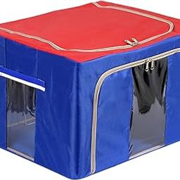 Kuber Industries Fabric Steel Frame Living Box/Organizer For Clothing|Blankets, Bedding With Clear Window|Carry Handles For Bedding Clothes 24Ltr. (Red & Blue)-image-1