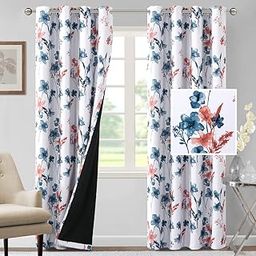 BFAM Floral Print 100% Blackout Curtain with Black Linning at Back, Floral Print Curtains for Living Rooms/BedRooms Thermal Insulated Energey Saving, Catteleya Stone Blue, 7 Feet Set of 1-image-21