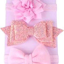 SYGA 3 Pcs Baby Headband, Flower & Bow Stretchable, Nylon HairBand for Newborn Infant Toddlers Kids 0-3 Year- Baby Pink-image-27