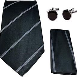Black Grey Stripe Italian Silk Tie, Pocket Square & Matching Cufflink Gift Set for Men – 2.75" Slim Necktie, 10x10 Handkerchief, Brass Cufflinks – Elegant Formal Accessories in Wooden Gift Box-image-79