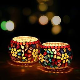 WebelKart Set of 2 Mosaic Glass TeaLight Votive Candle Holder with Tea Light Candles for Living Room Table Home Decor Indoor Outdoor - Christmas Decorations Items (Multicolor, Glass)-image-20