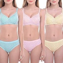 Light Padded Full Coverage Non Wired Cotton Bra and Panty Set for Girls Women's Combo (Pack of 3)-image-2