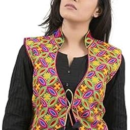 Outerwear Ayam Exports Womens Multicolor Cotton Handmade Traditional Rajasthani Design front Embroidered Kutchi Work Jacket,Option1,Length: 19-20-image-96