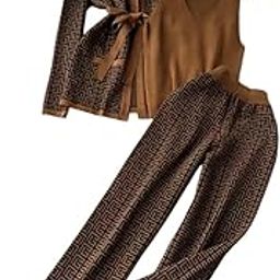 Women's 3-Piece Polycotton Set - Printed Brown and Black Cardigan, Sleeveless Tank Top, and High-Waist Wide-Leg Pants.-image-64