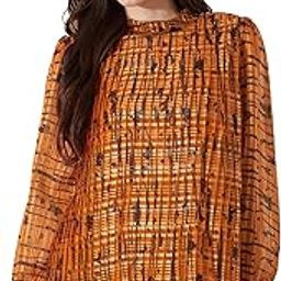 Women Satin Abstract Print High Neck Bishop Sleeves Accordion Pleat Party Top-7