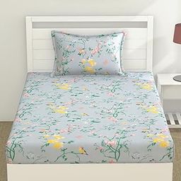 Haus & Kinder 186 TC Bed 100% Cotton Bedsheet with 1 Bedsheet and 1 Pillow Cover for Kids, Fade-Resistant Floral Design - 88 x 57 Inches, Blue-18