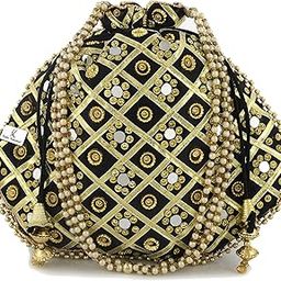 Kuber Industries Silk Traditional Mirror Work Clutch Potli Batwa Pouch Bag for Women/Girls (Black)-KUBMART11479, Standard-41