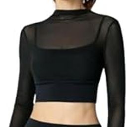 ICW Women Knitted Long Sleeves Sheer Mesh Running Sports Quick-Drying Mock Neck Workout Gym Yoga Crop Top T-Shirt 309 (Black)-image-39