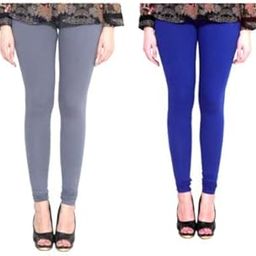 Women's Cotton Plain Slim Fit Full Length Leggings (Combo Pack of 2) Grey & Ink Blue_PT_52049-picture-7