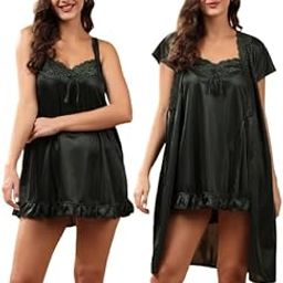 Women 2 Pieces Bridal Light Green Satin lace Self Design Night Wear Lingerie Babydoll Set Satin Short Nighty with Lace & Robe-image-27