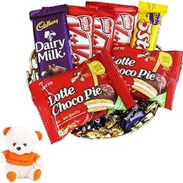 SFU E Com Delcious Chocolate Gift Hamper With Golden Tray | Valentine Love Teddy Bear With Chocolate Combo | Valentine Chocolate Hamper | 028-64