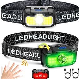 Favorlite 2 Pack Headlamp Rechargeable, 1300 Lumen Lightweight Bright with White Green Red Headlamp Flashlight, Waterproof Motion Sensor Head Lamp,14 Modes for Outdoor Camping Running Cycling-image-34