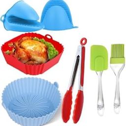 AirFryer Package Food Grade BPA-Free Reusable Silicones Baskets/Pots/Liners with Oven Mitts, Basting Brush and 9 Inch Tongs (1 Round & 1 Square Air Fryer Package - 7 Pack Air Fryer)-image-41
