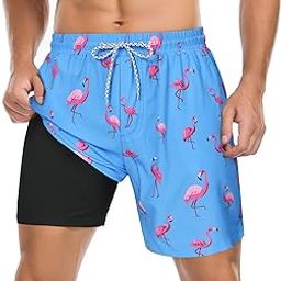 Mens Swim Trunks Swim Shorts with Mesh Lining Funny Swimwear Quick Dry Bathing Suits with Pockets, Sky Blue Flamingos, Medium-image-34