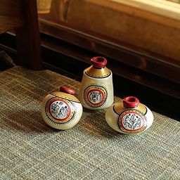ExclusiveLane EL-004-003_RLCT Earthenware Warli Hand-Painted Living Room and Home Decorative Mini Terracotta Pots Showpiece Set (7.6 cm x 7.6 cm x 9.1 cm, White and Gold) - Set of 3-image-30