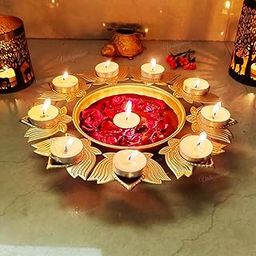 Vintageware® Lotus Shape Brass Urli Bowl with 9 Attached Diyas –Golden Handcrafted Traditional Table Décor for Diwali, Pooja & Home Decoration (Golden, 11 Inches with 9 Diyas)-image-10
