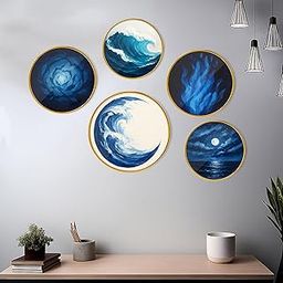 Regalo Casila REGALOCASILA Golden Border Frame Ocean Wave Abstract Round Frame Wall Hanging Set of 5 Blue Moon Water Design Home Decor for Living Room Bedroom Meditation Room Studio Multicolor-image-22