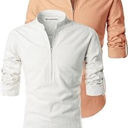 Men Pure Cotton Slim Fit Zip Closer Roll-Up Full Sleeve White - Beige Color Kurta Pack 2-image-52