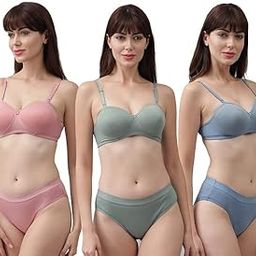 Women Bra Panty Cotton Padded Full Cup T-Shirts Lingerie Set Comfortable Pack of 3-46
