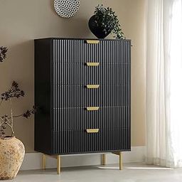 Quick Artsy Modern Black Chest of Drawers with Gold Handles and Metal Legs – 5-Drawer Wooden Storage Cabinet for Bedroom, Living Room, or Entryway-25