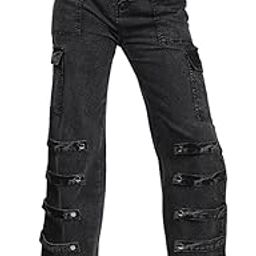 Swishin Women?s Black Cargo Denim Jeans ? 6 Pocket Wide Leg Jeans with Strappy Detail, Utility Style High Waist Streetwear Pants(Size - XS to XL)-image-22