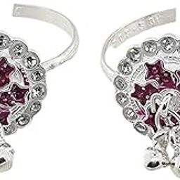 Pure Silver Leg Thumb Toe Ring Sparkling Pink Meena Color With Ghungroo Bichhiya For Women ~ Pack in 2 Piece-5