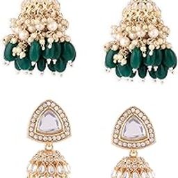 zaveri pearls Combo of 2 Rani Pink Green Cluster Beads Drop Dazzling Stones Ethnic Jhumka Earrings For Women-ZPFK21453-picture-32