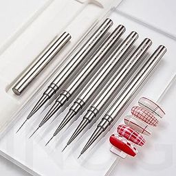 INOG Nail Art Brush Set, Nail Art Liner Brushes Nail Dotting Drawing Tool for Long Lines, Thin Details, Fine Drawing 5Pcs Set, Sizes 6/9/12/15/18mm(Silver) Nylon, Fine Point Bristle-2