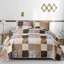 Black White Plaid Quilt Set Queen Size,3 Pieces Foral Patchwork Reversible Bedspread Coverlet Set for All Season,Soft Micofiber Bedding Set Queen 90"x90"-image-66