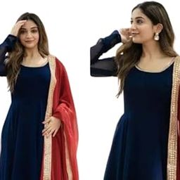 Women's Faux Georgette Gown with Dupatta & Lace | Long Sleeves | Ethnic Dress for Special Occasions Color Royal Blue-21