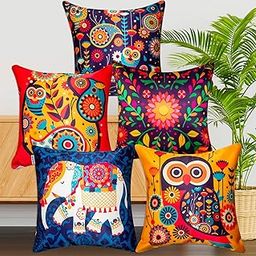 Urvaan Velvet Cute Cartoon Elephant Owl Cushion Cover, Set of 5, 16X16 Inch, Multicolour-image-18