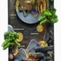 Royal Fountain Vertical Indoor Water Fountain with Circular Mirror View, Led Lights, Bonsai Trees, Golden Accents, Mist Maker & Textured Wall for Home, Temple and Office Decor-image-2