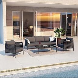 ENTWINE Outdoor Rope Sofa Set | Balcony Sofa | Patio Conversation Sets | Braided Rope Garden Sofa Set and Center Table (5 Seater-Black)-image-26