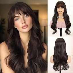 Creamily Long Wavy Hair Toppers for Women Clip in Bangs，22 Inch Hair Pieces for Women with Thinning Hair，Dark Brown Hairpieces for Daily Use-image-85