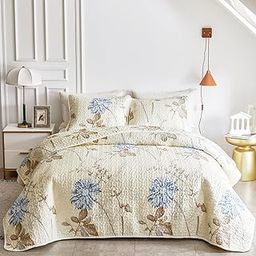 Joyreap 3 Pieces Microfiber Quilt Set, Elegant Flower Botanical Reversible Design, Bedspread Bed Cover for All Season, 1 Quilt and 2 Pillow Shams (Full/Queen, 90x90 inches)-image-13
