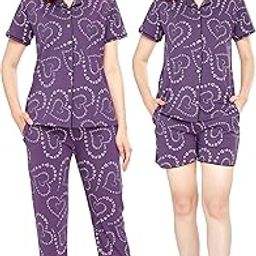 Hosiery Cotton Night Suit For Women's Heart Printed Cotton Night Dress Of Shirt,Pajama Set & Short's 3Pc's Set 5732-image-12