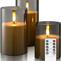 Hausware Set of 3 Glasses Flameless Candles Battery Operated LED Flickering Electric Candles with Realistic 3D Buld and Remote Control Timer for Wedding Birthday Halloween Christmas Decorations(Gray)-image-84