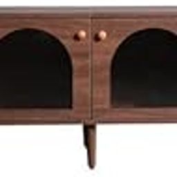 TGF Furniture Store Mid-Century Modern TV Stand – Walnut Wood Entertainment Center with Cane Webbing, Double Arch Doors, 4 Storage Compartments-image-13