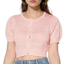 Women's Knitted Ribbed Hollow Out Button-Up Self Design Round Neck Puff Sleeve Cardigan Crop Top T-Shirt DN591-5
