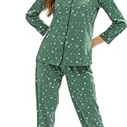 Women's Cotton Starred Printed Front-Open Full Sleeve Night Suit Set-6
