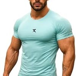 Gymx Men's Gym T-Shirt | Solid Muscle Fit Tees for Men | Sports T-Shirt for Men | Casual Regular Active Wear Tees | Half Sleeve & Round Neck | Armour Compression Tee - Ice Blue (Nylon)-image-99