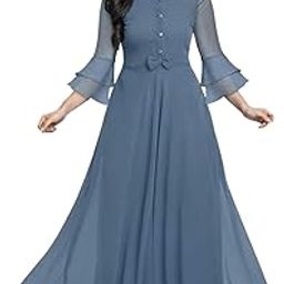 Designer Georgette Solid Dress for Women with Flared Hem and Ruffled Sleeves-picture-29