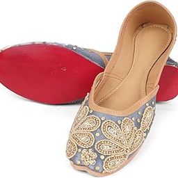 Kajal Foot Wear Dream Women's Traditional Punjabi Jutti – Handcrafted Embroidered Mojari with Multicolor Beads, Pearls & Floral Design – Ethnic Flat Slip-On Footwear Blue UK 6-image-14