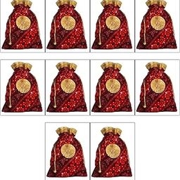 DLC SET OF 10 Medium size Traditional Bandhej Velvet Potli Purse Batwa shagun pouch potli combo for return gifts, Drawstring bags for dry fruits, Ethnic Wristlets for Ladies Handbag-13