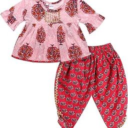 Cotton Blend Baby Girl's Jaipuri Print Frock Style Kurti With Frill Sleeves And Dhoti Style Salwar With Elastic Closure Ethnic Dress Clothing Set-image-35