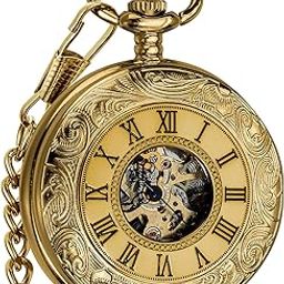 Mens Pocket Watch Half Hunter Double Cover Skeleton Mechanical Gold Roman Numeral Gift Box Watch-image-11