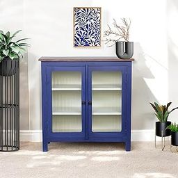Kraft Bazaar Solid Wooden Madrid Crockery Cabinet | Kitchen Cabinet | Sideboard Cabinet | Glass Door Cabinet | Finish: Deep Blue & White with Fluted Glass Doors-image-83