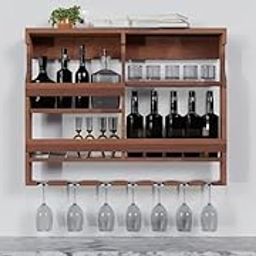 ODEJIA Wooden Wall Mounted Wine Rack, Bar Cabinet with Glass Storage, Wall Hanging Mini Bar for Home Wine Rack/Holder Upside Down Glass Hanging Organizer Size 30 x 24inch (Natural)-image-58